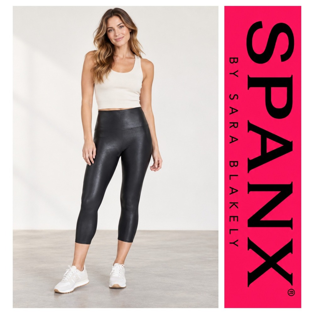 SPANX Black Faux Leather High Waist Shiny Cropped Leggings M